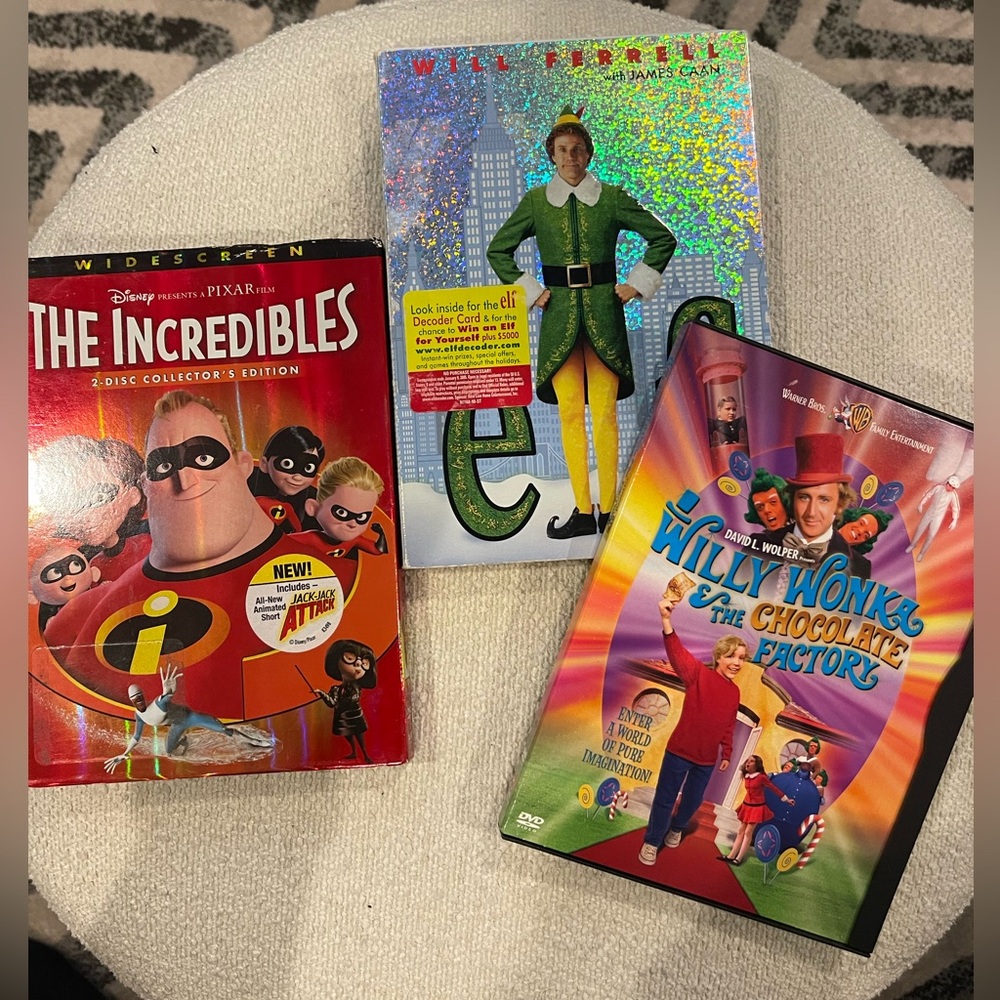 The Incredibles, Elf, and Willy Wonka DVD Set